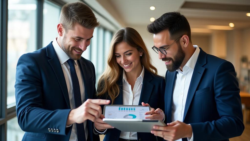 A diverse professional team collaborating around a digital interface showing contract automation tools